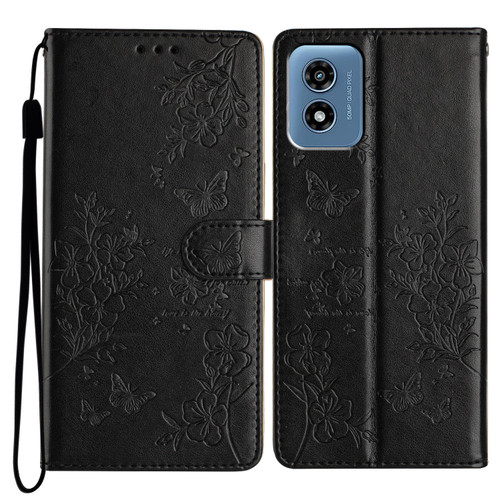 Moto G Play 2024 Butterflies and Flowers Leather Phone Case - Black